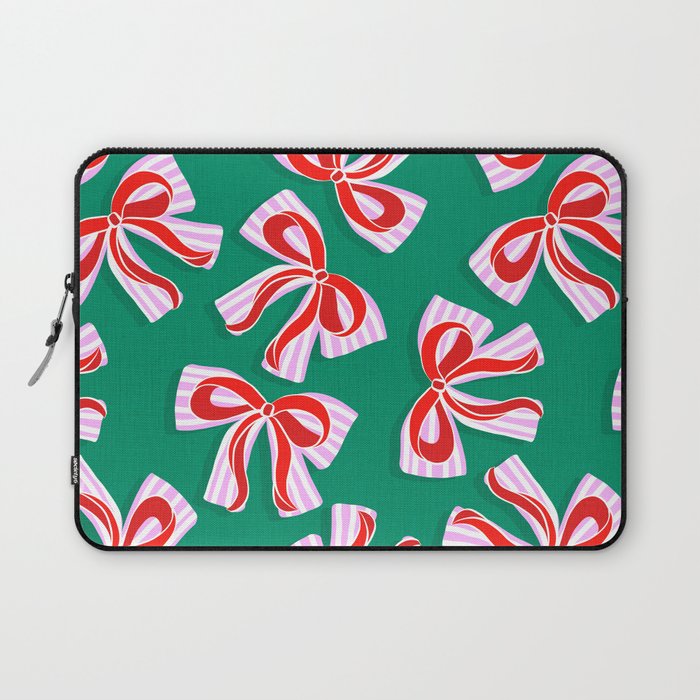 Retro Kitsch Christmas Ribbons on Stripy Bows - Red and Green Laptop Sleeve Gallery Image 1