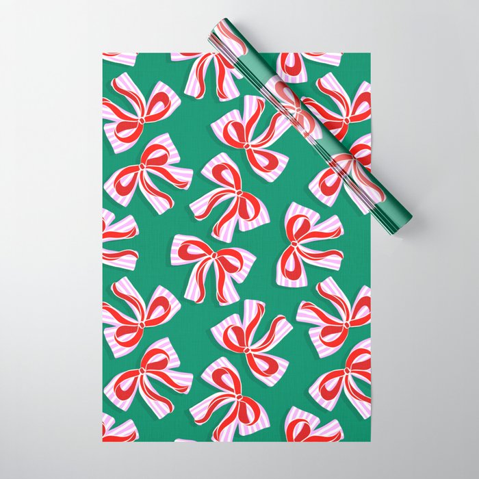 Retro Kitsch Christmas Ribbons on Stripy Bows - Red and Green Wrapping Paper Gallery Image 1