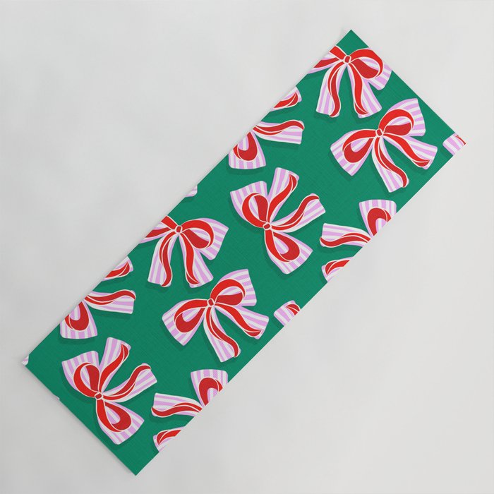 Retro Kitsch Christmas Ribbons on Stripy Bows - Red and Green Yoga Mat Gallery Image 1