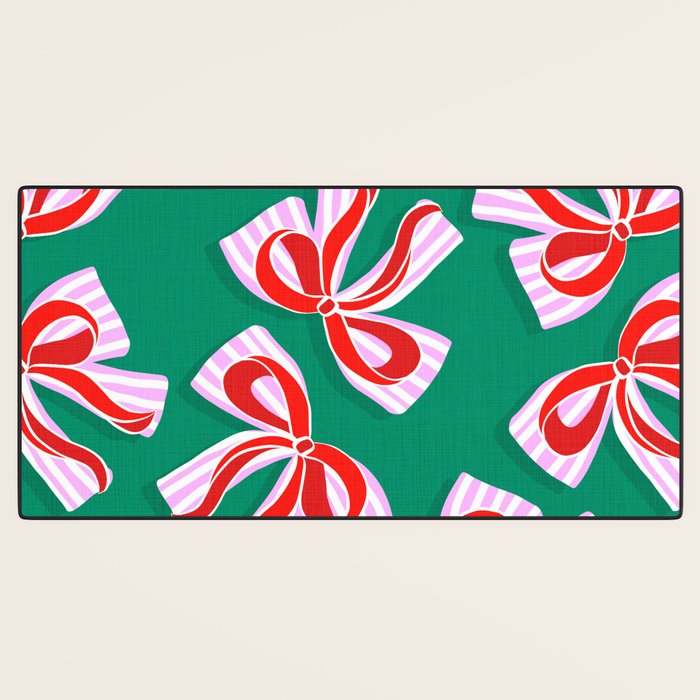 Retro Kitsch Christmas Ribbons on Stripy Bows - Red and Green Desk Mat Gallery Image 3