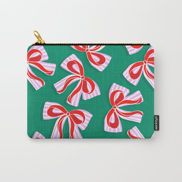 Retro Kitsch Christmas Ribbons on Stripy Bows - Red and Green Carry All Pouch Gallery Image 1