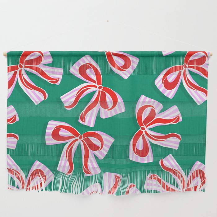 Retro Kitsch Christmas Ribbons on Stripy Bows - Red and Green Wall Hanging Gallery Image 1