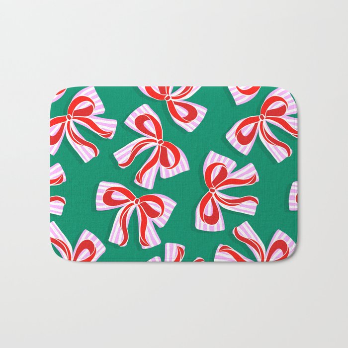 Retro Kitsch Christmas Ribbons on Stripy Bows - Red and Green Bath Mat Gallery Image 1