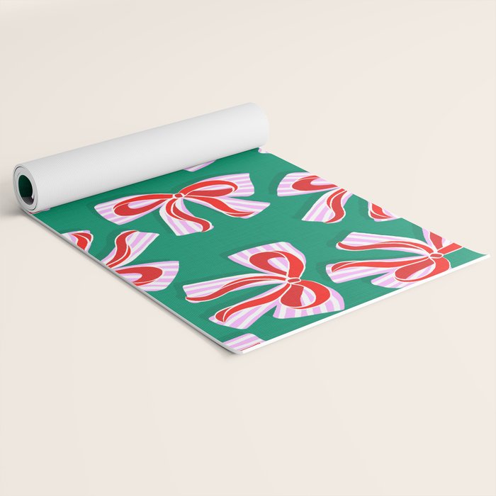 Retro Kitsch Christmas Ribbons on Stripy Bows - Red and Green Yoga Mat Gallery Image 2