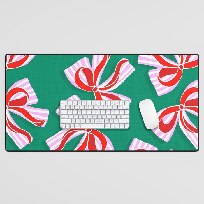 Retro Kitsch Christmas Ribbons on Stripy Bows - Red and Green Desk Mat Gallery Image 1