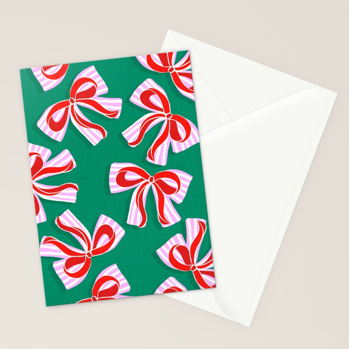 Retro Kitsch Christmas Ribbons on Stripy Bows - Red and Green Stationery Card Gallery Image 2
