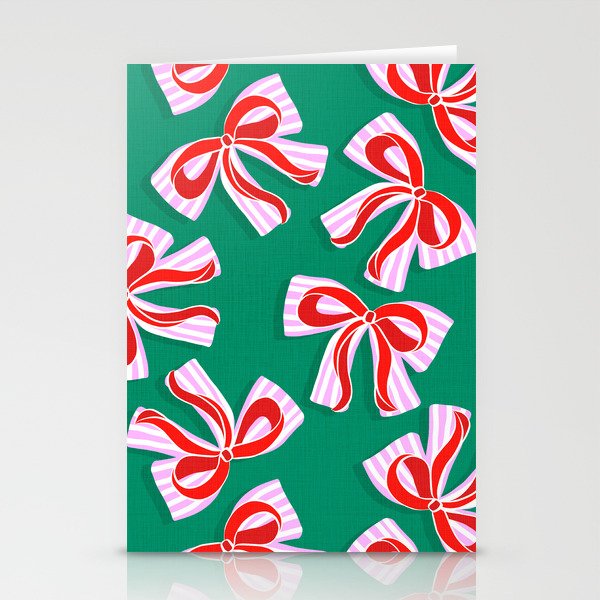 Retro Kitsch Christmas Ribbons on Stripy Bows - Red and Green Stationery Card Gallery Image 2