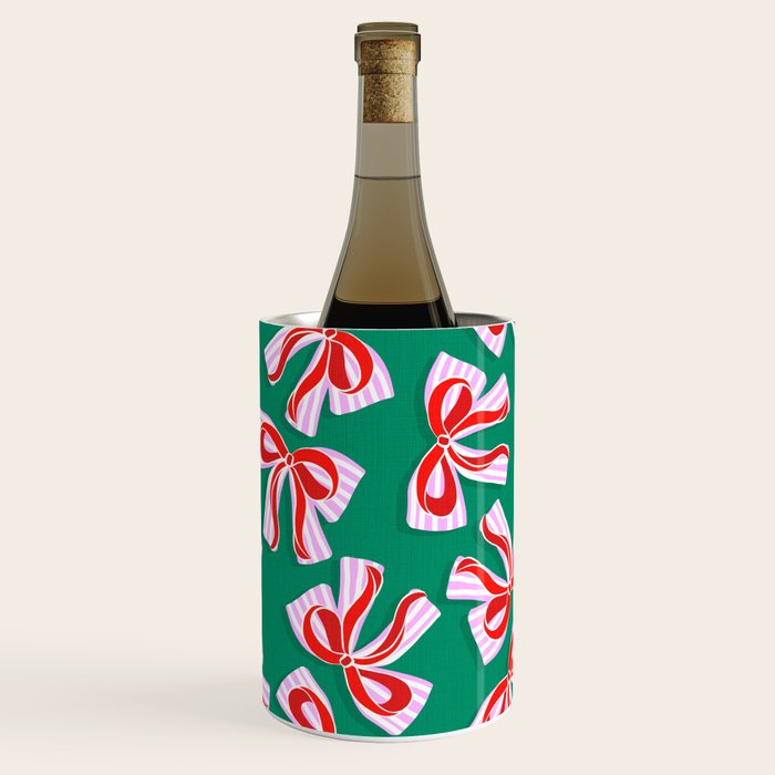 Retro Kitsch Christmas Ribbons on Stripy Bows - Red and Green Wine Chiller Gallery Image 1