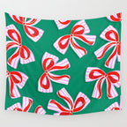 Retro Kitsch Christmas Ribbons on Stripy Bows - Red and Green Wall Tapestry Gallery Image 4