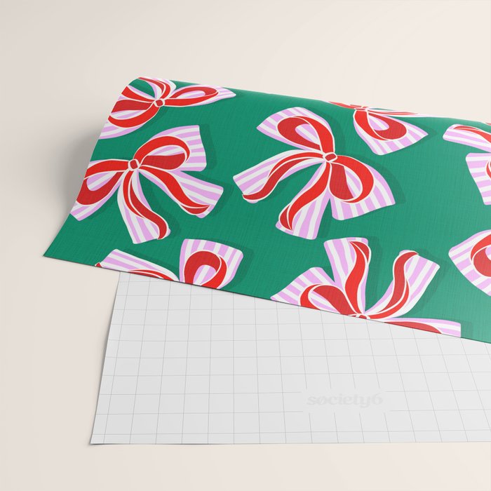 Retro Kitsch Christmas Ribbons on Stripy Bows - Red and Green Wrapping Paper Gallery Image 2