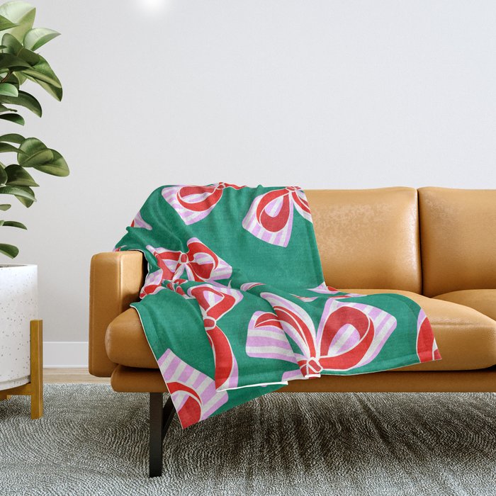 Retro Kitsch Christmas Ribbons on Stripy Bows - Red and Green Throw Blanket Gallery Image 1