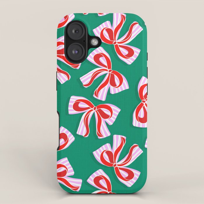 Retro Kitsch Christmas Ribbons on Stripy Bows - Red and Green iPhone Case Gallery Image 1