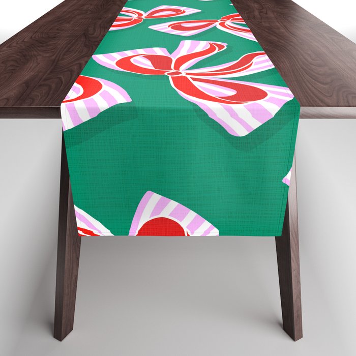 Retro Kitsch Christmas Ribbons on Stripy Bows - Red and Green Table Runner Gallery Image 1