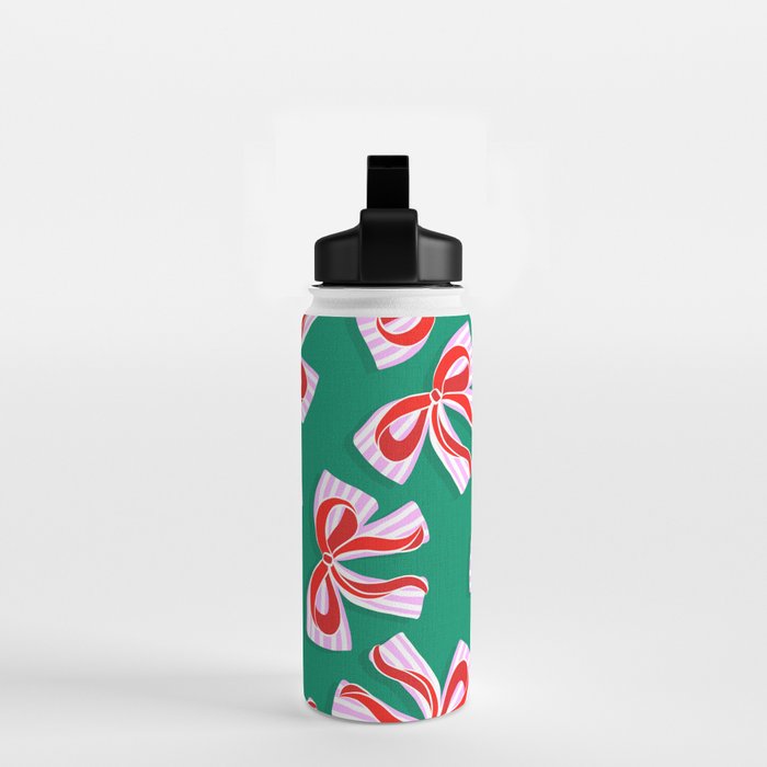 Retro Kitsch Christmas Ribbons on Stripy Bows - Red and Green Water Bottle Gallery Image 2