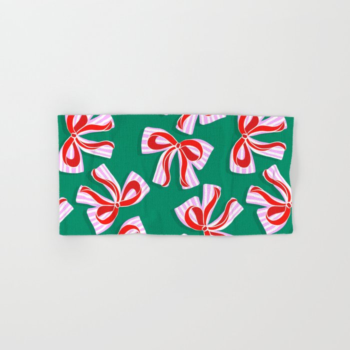 Retro Kitsch Christmas Ribbons on Stripy Bows - Red and Green Bath Towel Gallery Image 1