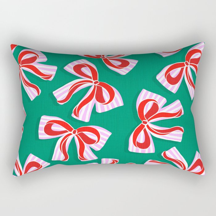 Retro Kitsch Christmas Ribbons on Stripy Bows - Red and Green Rectangular Pillow Gallery Image 2