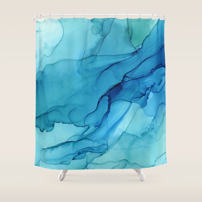 Emerald Sea Waves - Abstract Ombre Flowing Ink Shower Curtain Gallery Image 1