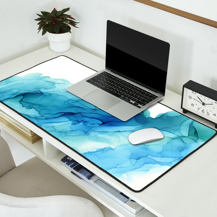 Emerald Sea Waves - Abstract Ombre Flowing Ink Desk Mat Gallery Image 2