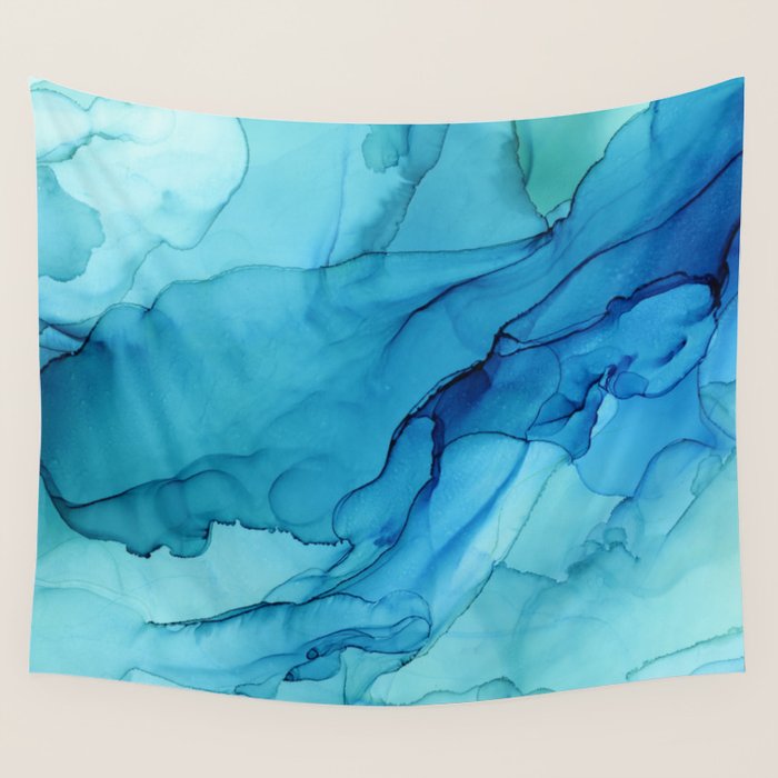 Emerald Sea Waves - Abstract Ombre Flowing Ink Wall Tapestry Gallery Image 1