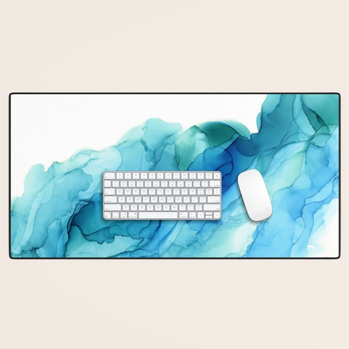 Emerald Sea Waves - Abstract Ombre Flowing Ink Desk Mat Gallery Image 1