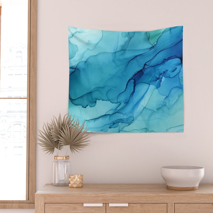 Emerald Sea Waves - Abstract Ombre Flowing Ink Wall Tapestry Gallery Image 2