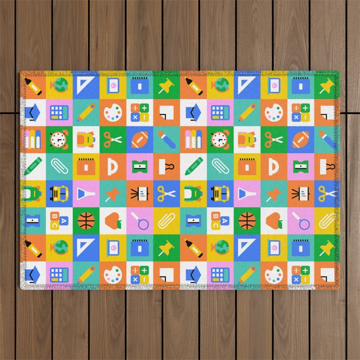Fun colorful back to school mosaic pattern Outdoor Rug Gallery Image 1