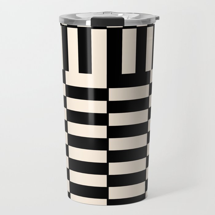 Long Blocks Vertical Horizontal Geometric Minimalist Pattern in Black and Almond Cream Travel Mug Gallery Image 1