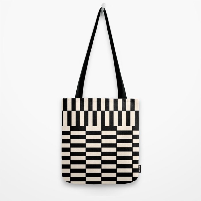 Long Blocks Vertical Horizontal Geometric Minimalist Pattern in Black and Almond Cream Tote Bag Gallery Image 2