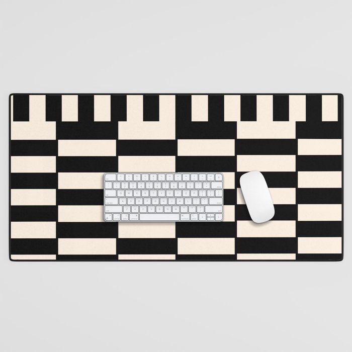 Long Blocks Vertical Horizontal Geometric Minimalist Pattern in Black and Almond Cream Desk Mat Gallery Image 1