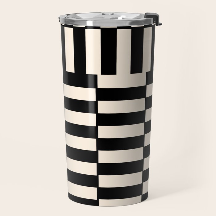 Long Blocks Vertical Horizontal Geometric Minimalist Pattern in Black and Almond Cream Travel Mug Gallery Image 2