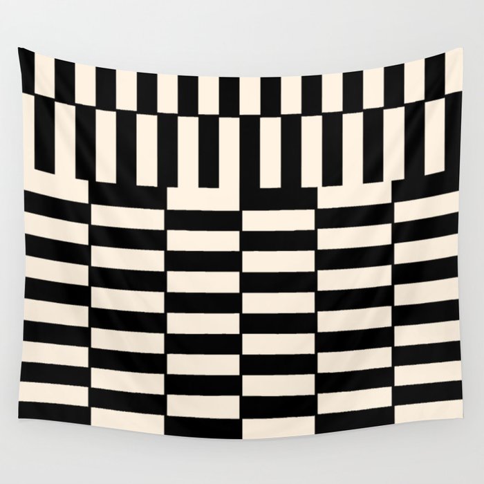 Long Blocks Vertical Horizontal Geometric Minimalist Pattern in Black and Almond Cream Wall Tapestry Gallery Image 1