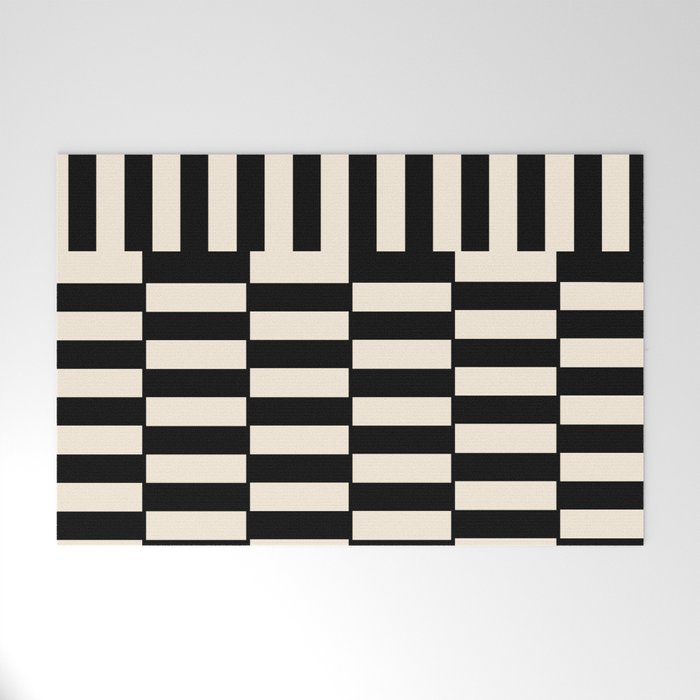 Long Blocks Vertical Horizontal Geometric Minimalist Pattern in Black and Almond Cream Welcome Mat Gallery Image 1