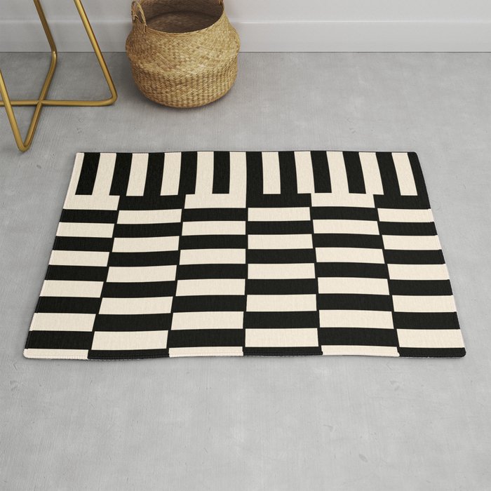 Long Blocks Vertical Horizontal Geometric Minimalist Pattern in Black and Almond Cream Rug Gallery Image 1
