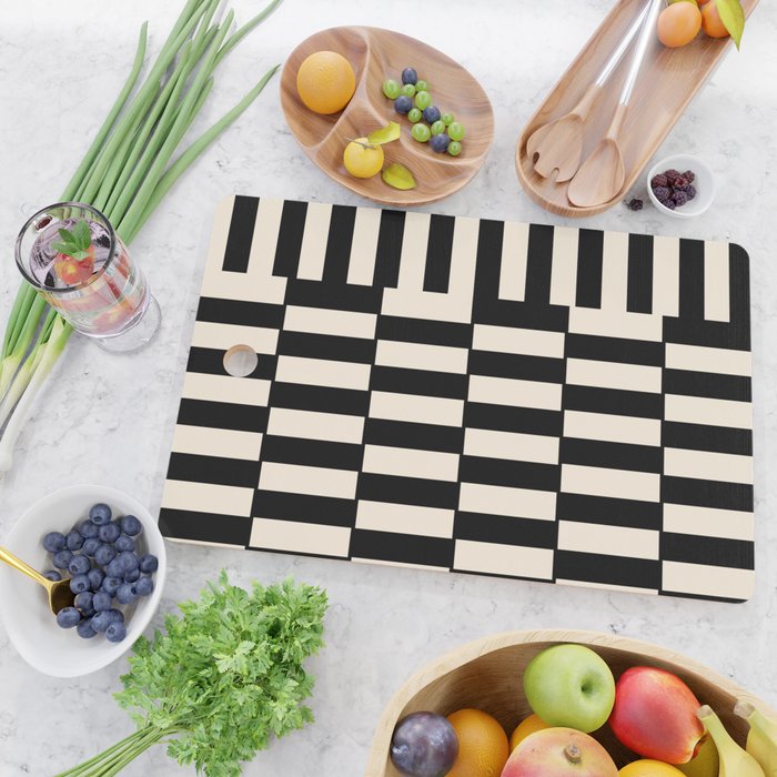 Long Blocks Vertical Horizontal Geometric Minimalist Pattern in Black and Almond Cream Cutting Board Gallery Image 2