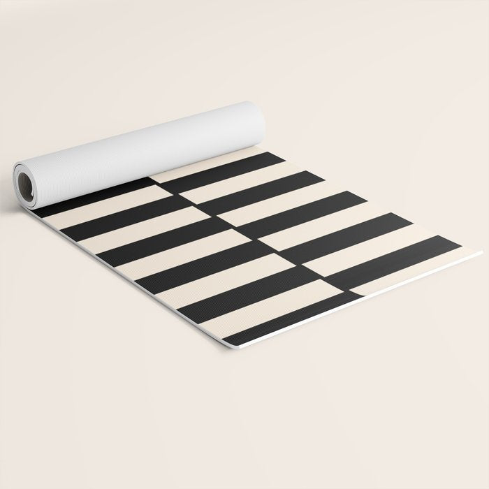 Long Blocks Vertical Horizontal Geometric Minimalist Pattern in Black and Almond Cream Yoga Mat Gallery Image 2