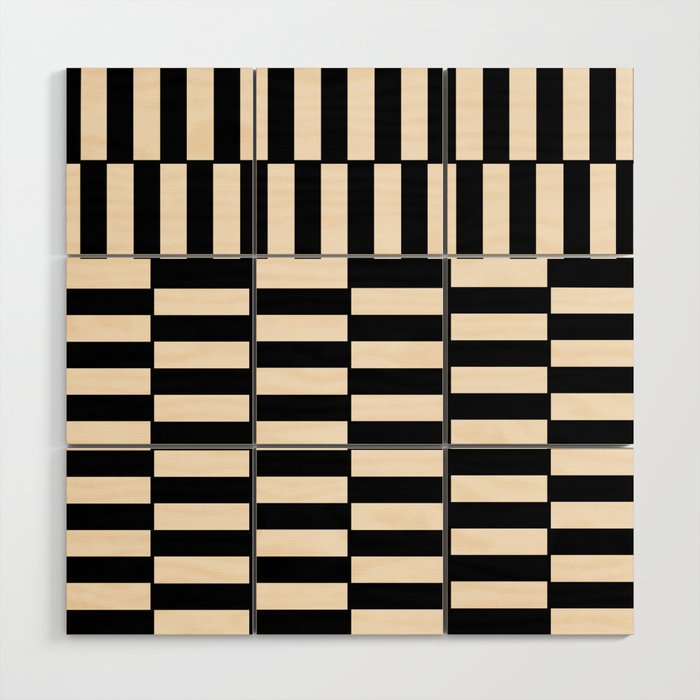 Long Blocks Vertical Horizontal Geometric Minimalist Pattern in Black and Almond Cream Wood Wall Art Gallery Image 1