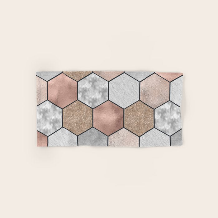 Marble hexagons and rose gold on black Bath Towel Gallery Image 1
