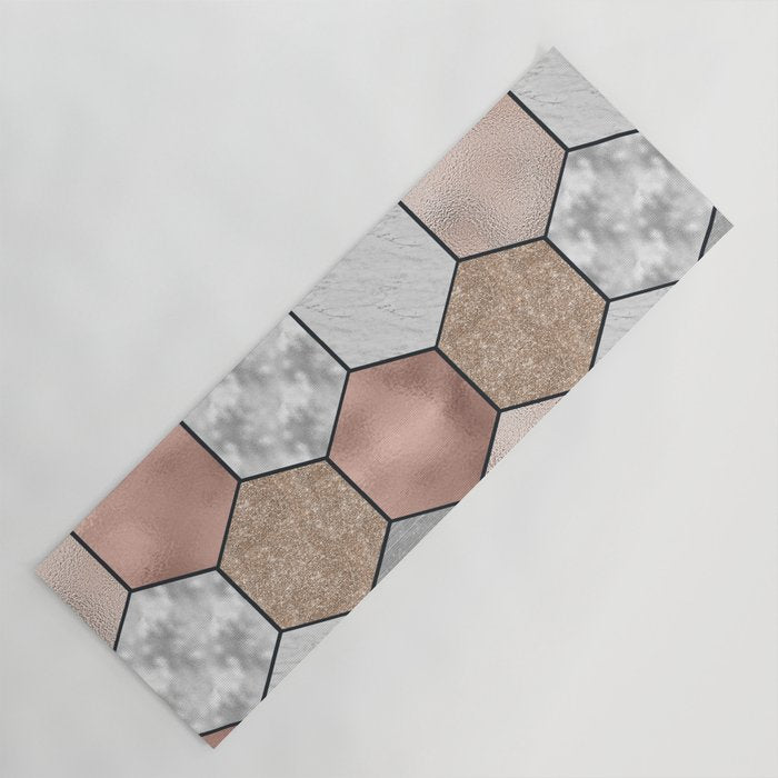 Marble hexagons and rose gold on black Yoga Mat