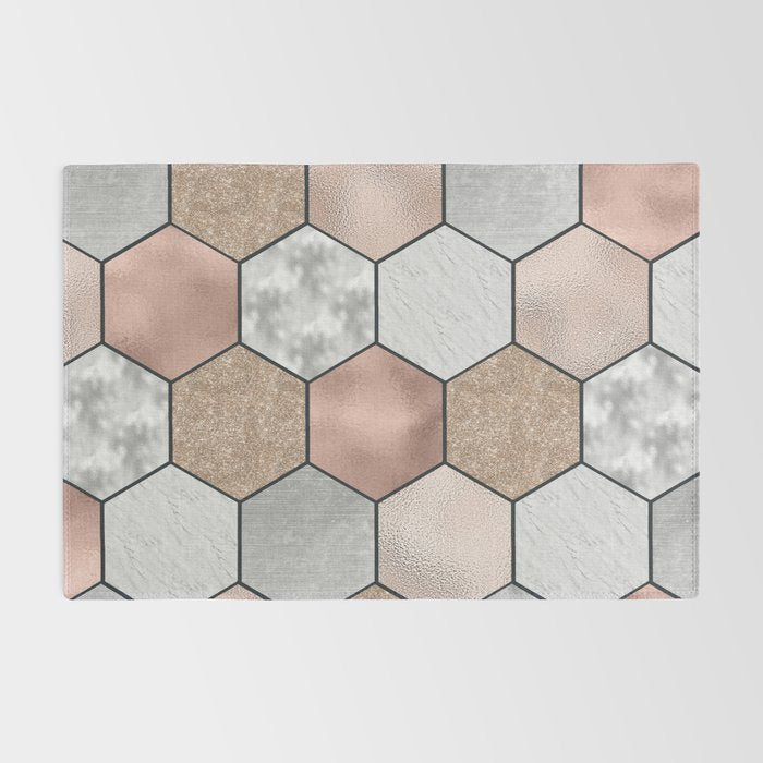 Marble hexagons and rose gold on black Rug Gallery Image 2