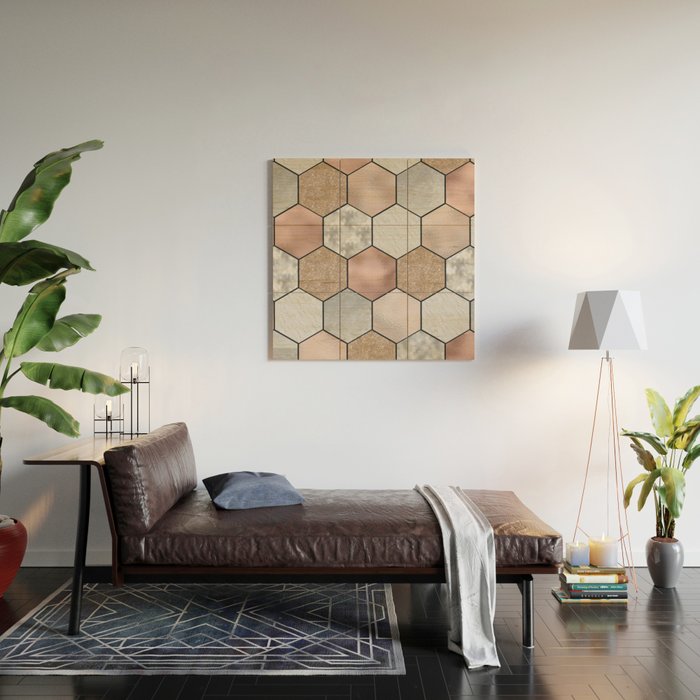 Marble hexagons and rose gold on black Wood Wall Art Gallery Image 2