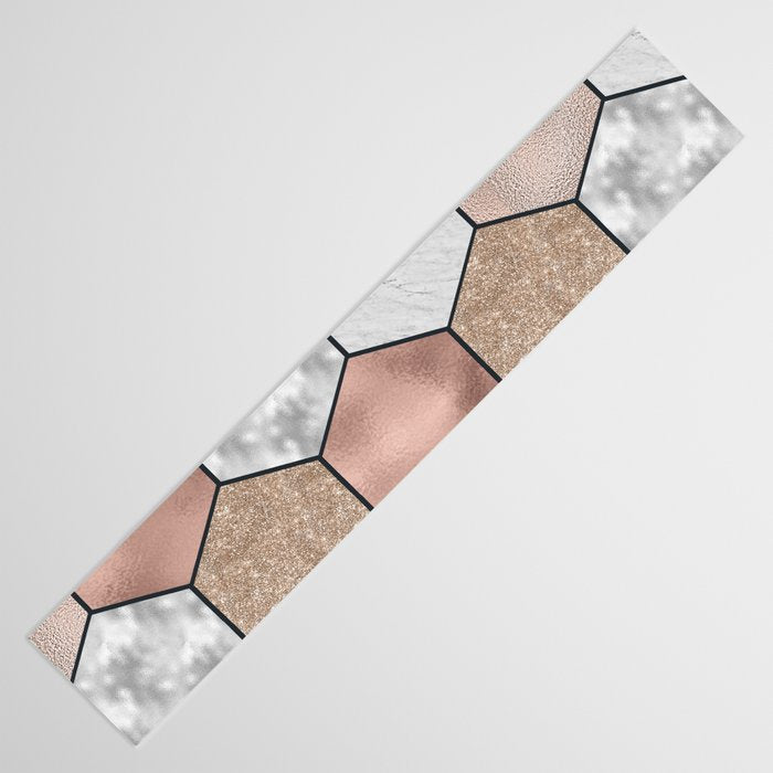 Marble hexagons and rose gold on black Table Runner Gallery Image 3