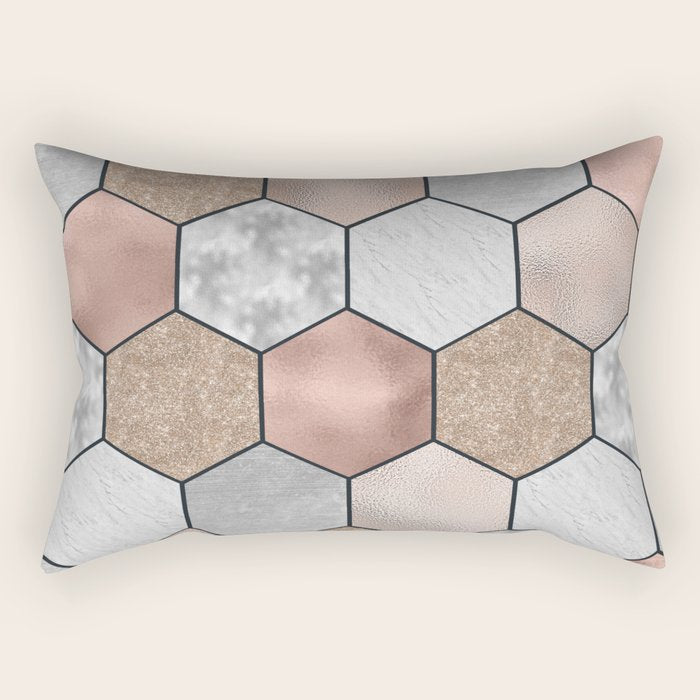 Marble hexagons and rose gold on black Rectangular Pillow Gallery Image 2