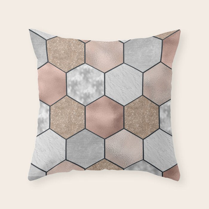 Marble hexagons and rose gold on black Throw Pillow