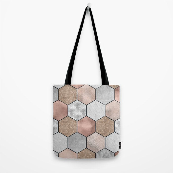 Marble hexagons and rose gold on black Tote Bag Gallery Image 2
