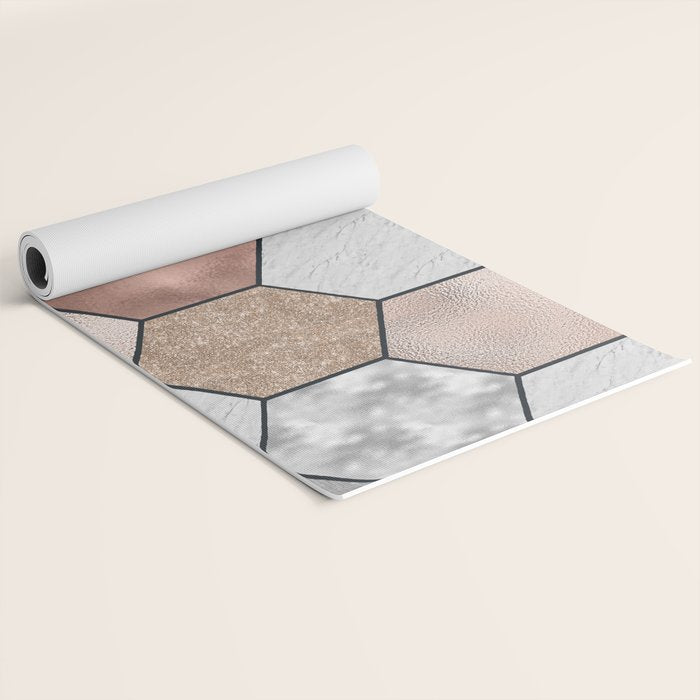 Marble hexagons and rose gold on black Yoga Mat Gallery Image 2