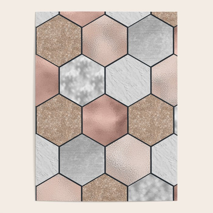 Marble hexagons and rose gold on black Poster Gallery Image 4