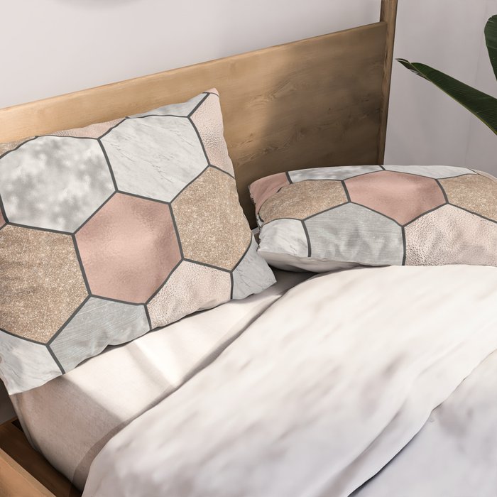 Marble hexagons and rose gold on black Pillow Sham Gallery Image 2
