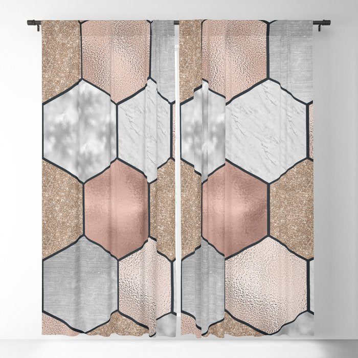 Marble hexagons and rose gold on black Window Curtain