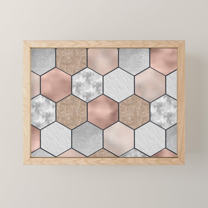 Marble hexagons and rose gold on black Mini Art Print Gallery Image 1