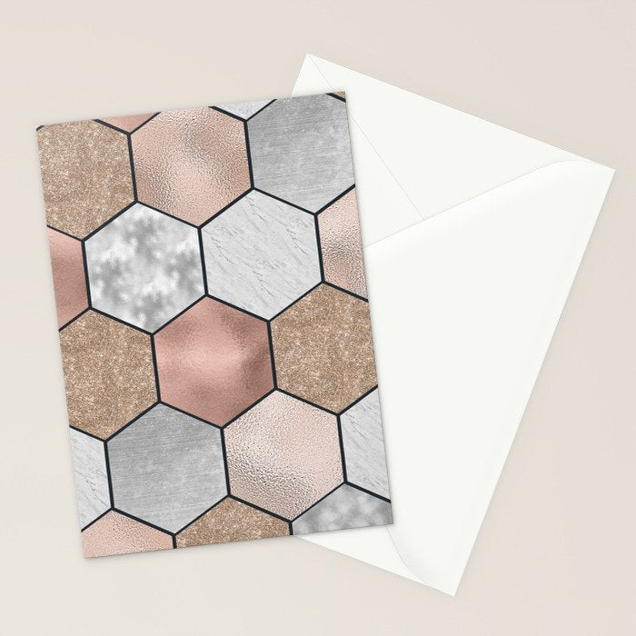 Marble hexagons and rose gold on black Stationery Card Gallery Image 2